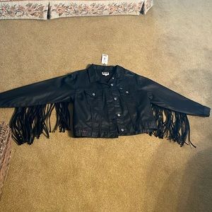 Wrangler Fender black waxed denim and leather fringe jacket NWT